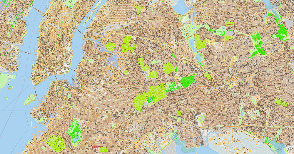 Brooklyn New York US Map Vector Exact City Plan extra detailed Street Map Large Fonts editable Adobe Illustrator in layers