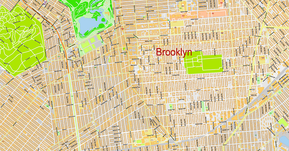 Brooklyn New York US Map Vector Exact City Plan extra detailed Street Map Large Fonts editable Adobe Illustrator in layers