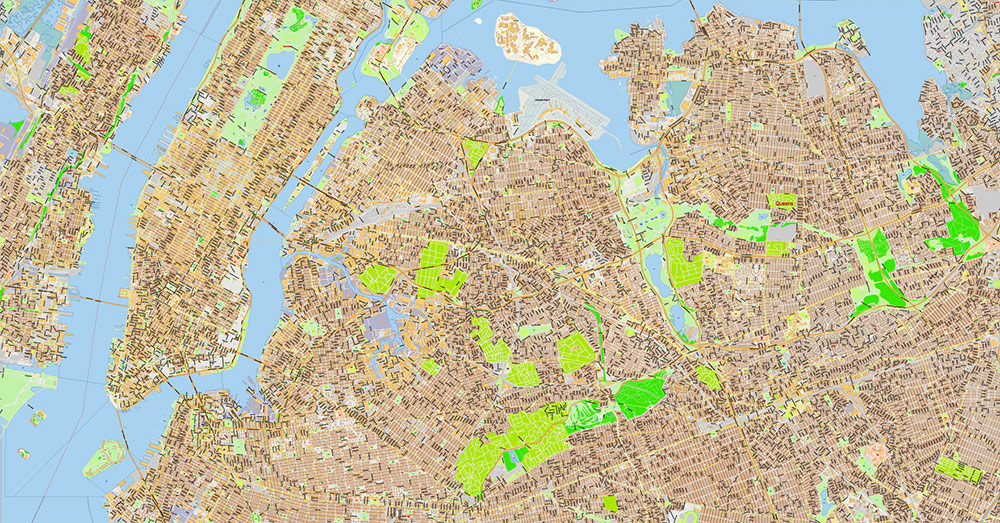 Brooklyn New York US Map Vector Exact City Plan extra detailed Street Map Large Fonts editable Adobe Illustrator in layers