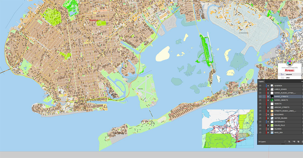 Brooklyn New York US Map Vector Exact City Plan extra detailed Street Map Large Fonts editable Adobe Illustrator in layers
