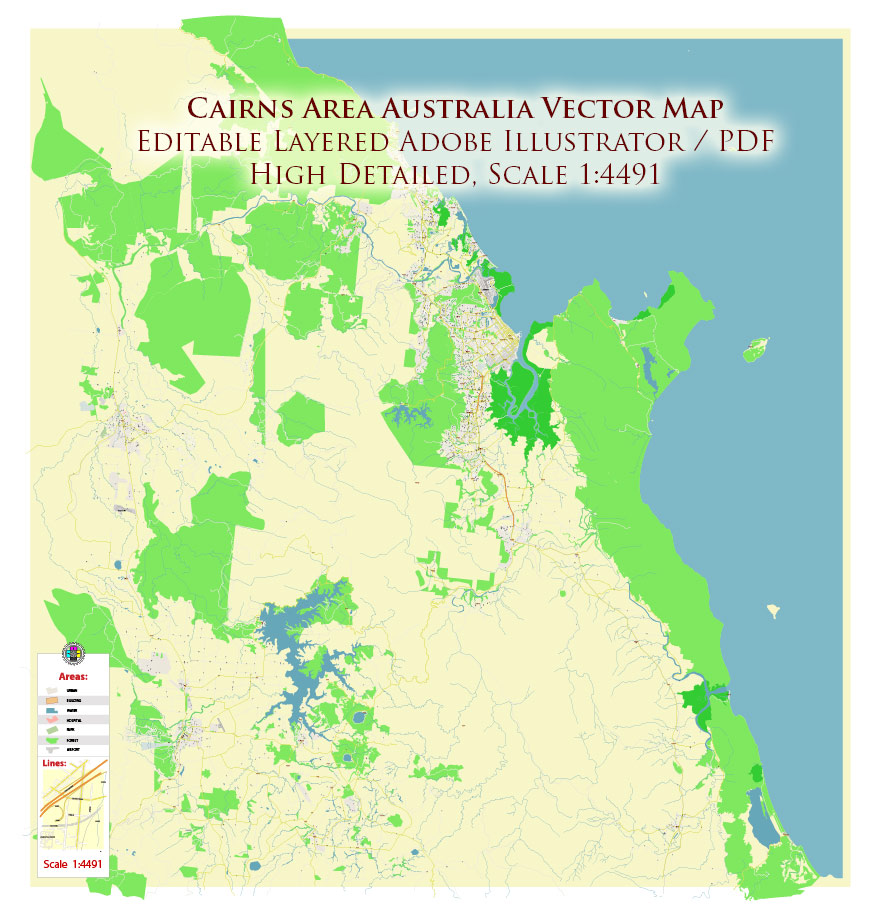 Cairns Area Australia Map Vector High Detailed Street Map editable Adobe Illustrator in layers