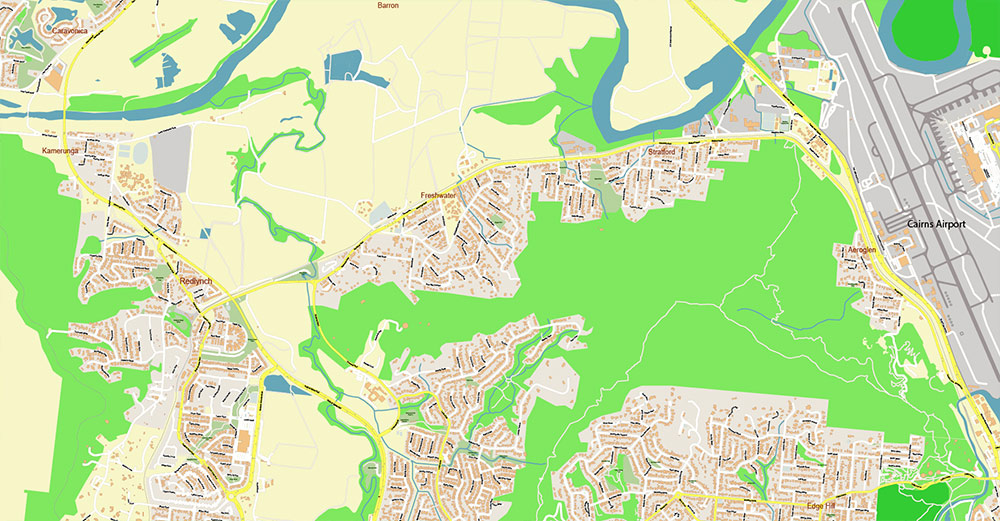 Cairns Area Australia Map Vector High Detailed Street Map editable Adobe Illustrator in layers