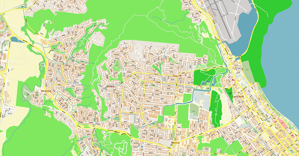 Cairns Area Australia Map Vector High Detailed Street Map editable Adobe Illustrator in layers