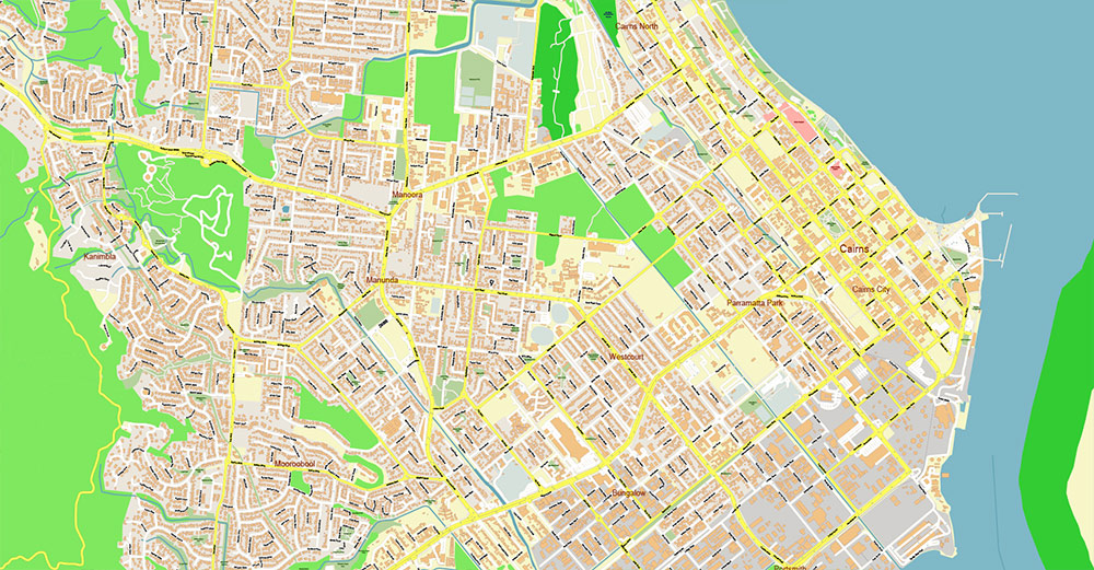 Cairns Area Australia Map Vector High Detailed Street Map editable Adobe Illustrator in layers