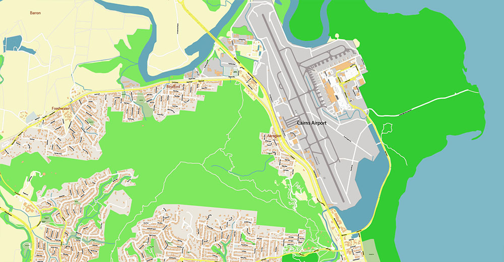 Cairns Area Australia Map Vector High Detailed Street Map editable Adobe Illustrator in layers