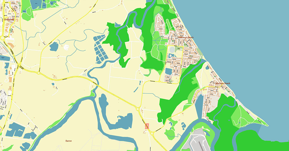 Cairns Area Australia Map Vector High Detailed Street Map editable Adobe Illustrator in layers