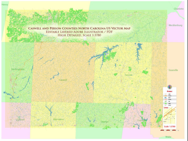 Caswell + Person Counties North Carolina USA Map Vector Exact High Detailed Road Map editable Adobe Illustrator in layers