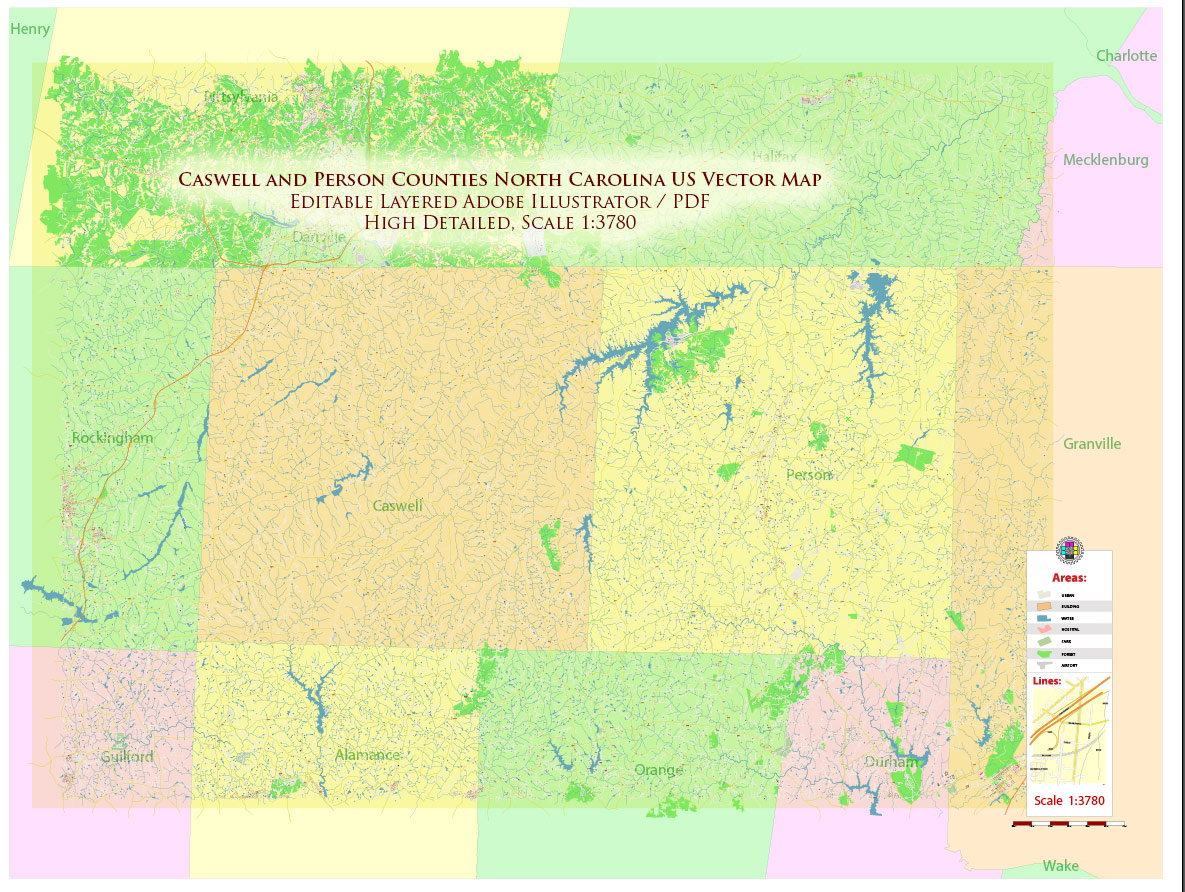 Caswell + Person Counties North Carolina USA Map Vector Exact High Detailed Road Map editable Adobe Illustrator in layers