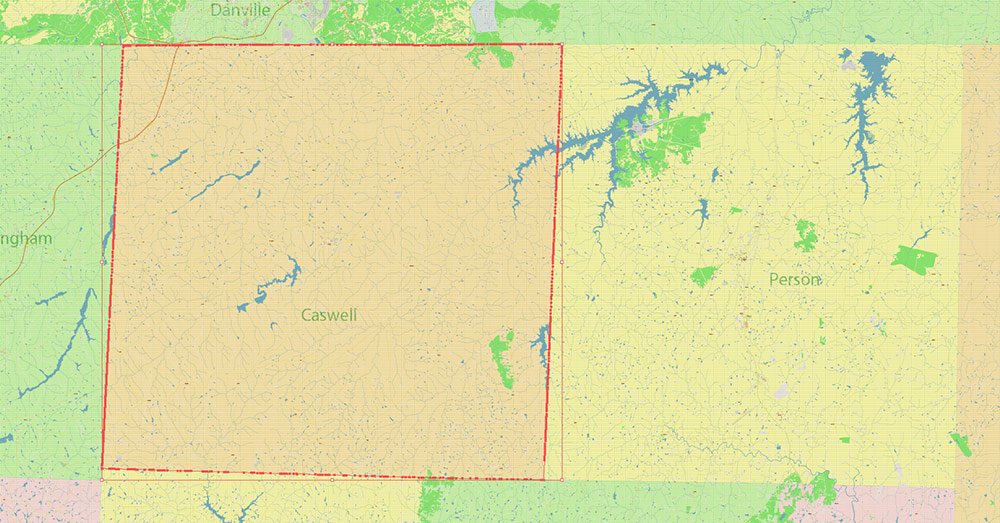 Caswell + Person Counties North Carolina USA Map Vector Exact High Detailed Road Map editable Adobe Illustrator in layers