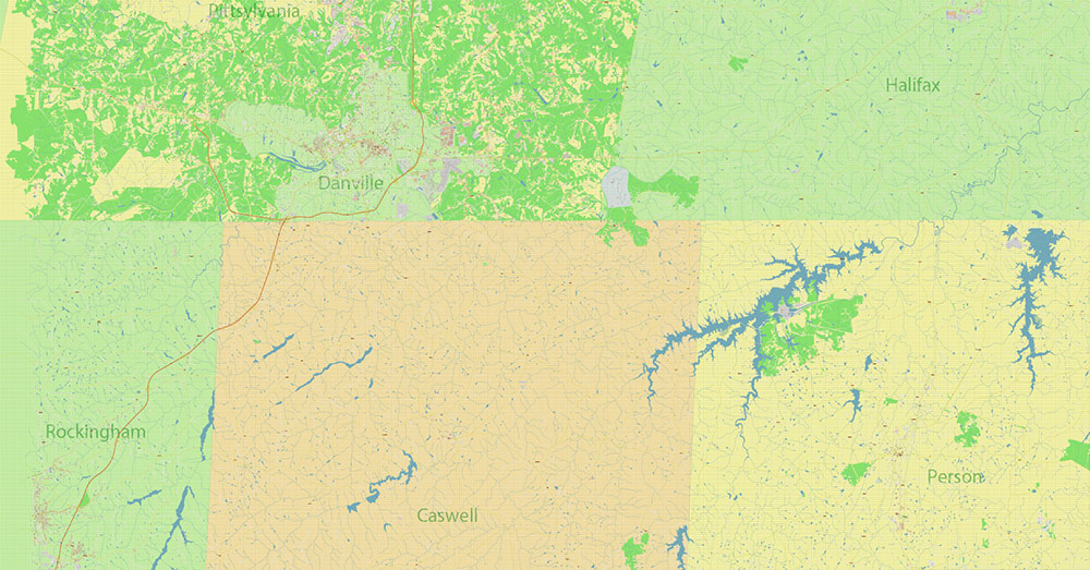 Caswell + Person Counties North Carolina USA Map Vector Exact High Detailed Road Map editable Adobe Illustrator in layers