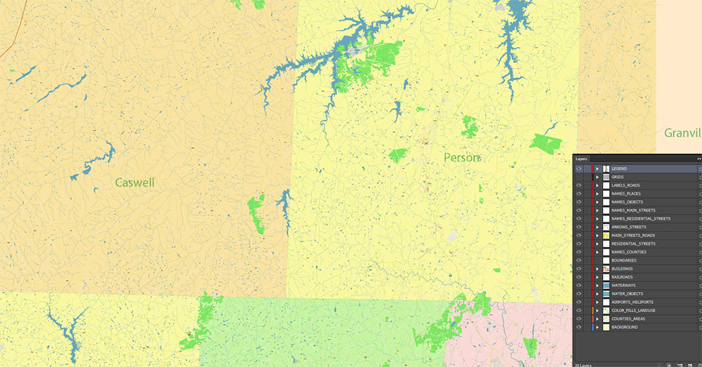 Caswell + Person Counties North Carolina USA Map Vector Exact High Detailed Road Map editable Adobe Illustrator in layers