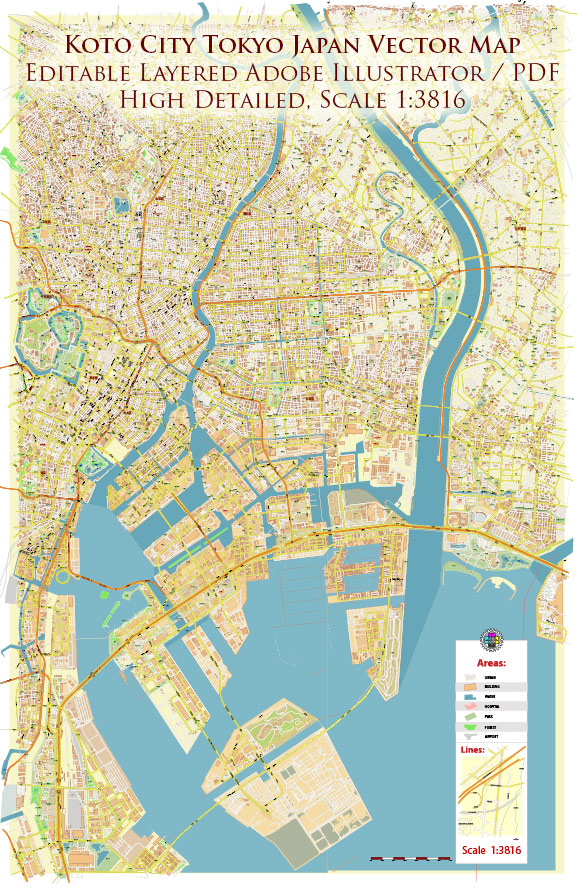 Koto City Tokyo Japan Map Vector Exact City Plan High Detailed Street Map editable Adobe Illustrator in layers