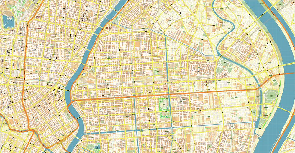 Koto City Tokyo Japan Map Vector Exact City Plan High Detailed Street Map editable Adobe Illustrator in layers