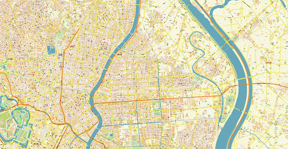 Koto City Tokyo Japan Map Vector Exact City Plan High Detailed Street Map editable Adobe Illustrator in layers
