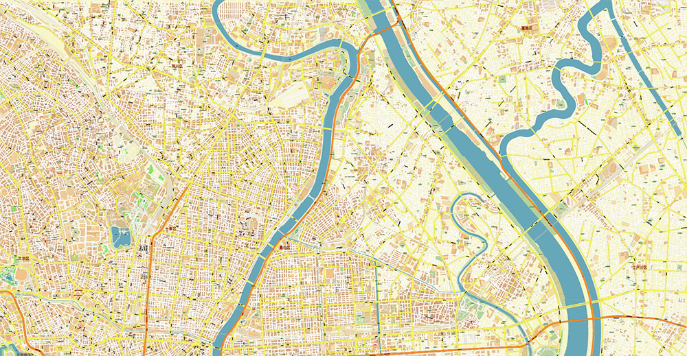 Koto City Tokyo Japan Map Vector Exact City Plan High Detailed Street Map editable Adobe Illustrator in layers