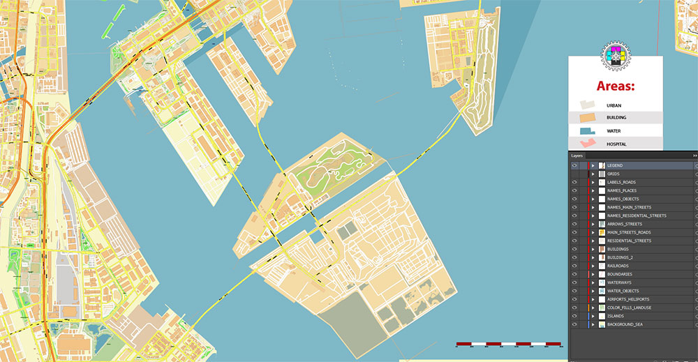 Koto City Tokyo Japan Map Vector Exact City Plan High Detailed Street Map editable Adobe Illustrator in layers