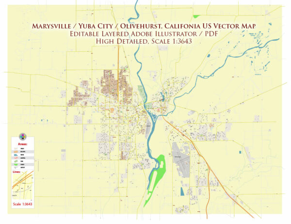 Marysville + Yuba City + Olivehurst California USA Map Vector Exact City Plan High Detailed Street Map editable Adobe Illustrator in layers
