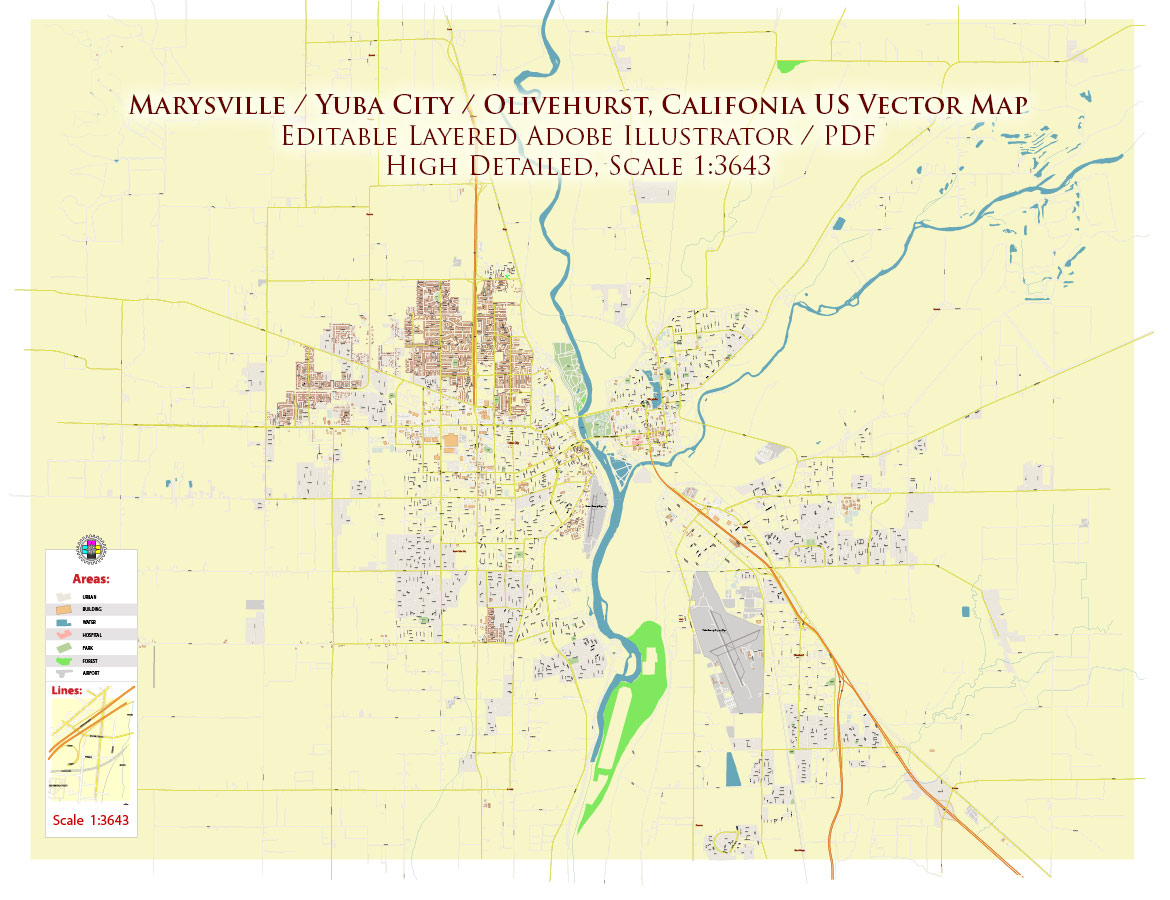Marysville + Yuba City + Olivehurst California USA Map Vector Exact City Plan High Detailed Street Map editable Adobe Illustrator in layers