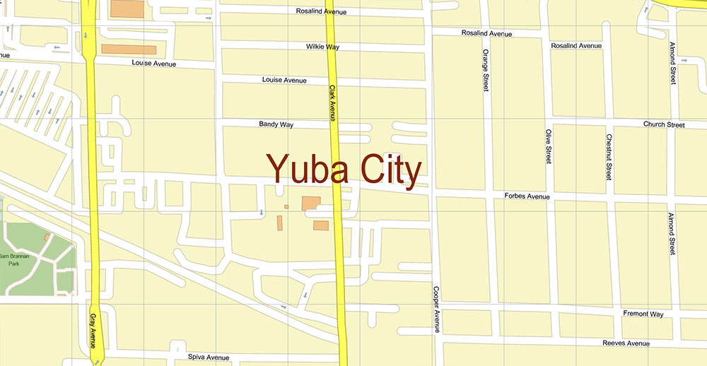 Marysville + Yuba City + Olivehurst California USA Map Vector Exact City Plan High Detailed Street Map editable Adobe Illustrator in layers
