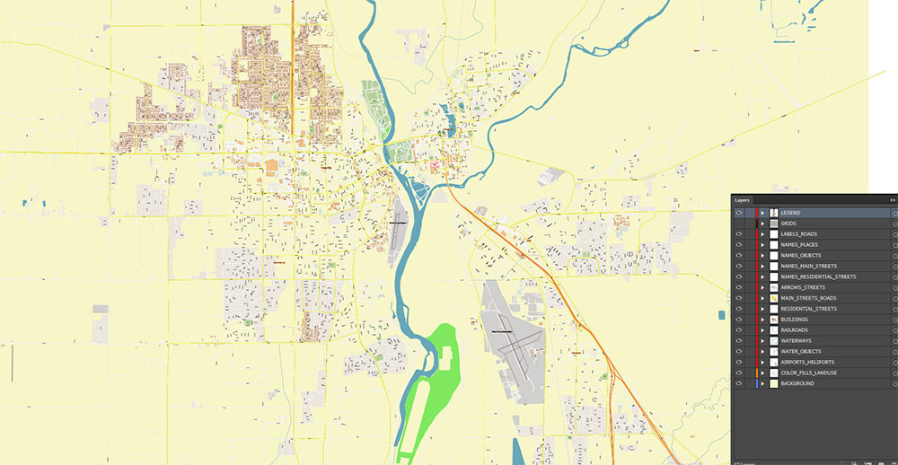Marysville + Yuba City + Olivehurst California USA Map Vector Exact City Plan High Detailed Street Map editable Adobe Illustrator in layers