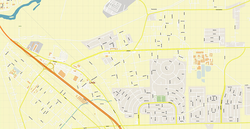 Marysville + Yuba City + Olivehurst California USA Map Vector Exact City Plan High Detailed Street Map editable Adobe Illustrator in layers