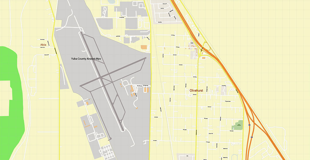 Marysville + Yuba City + Olivehurst California USA Map Vector Exact City Plan High Detailed Street Map editable Adobe Illustrator in layers