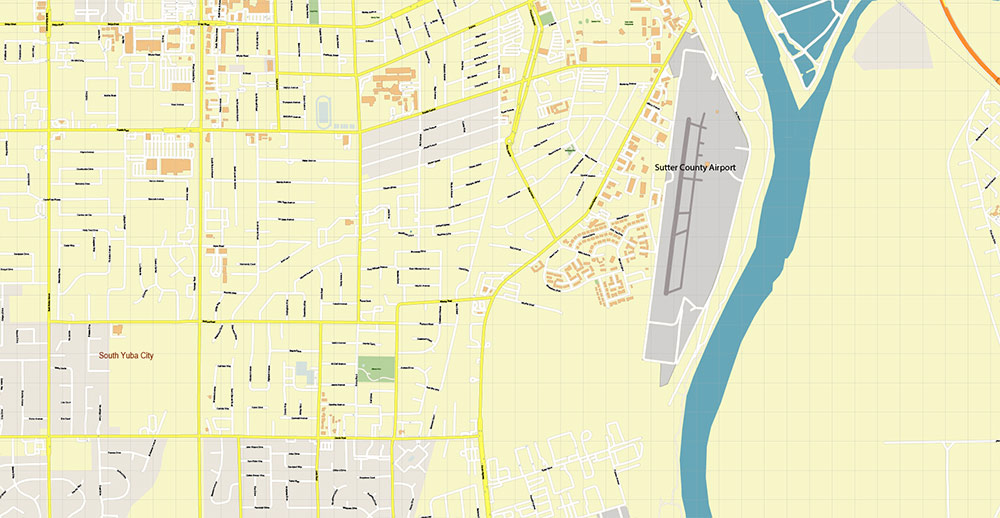 Marysville + Yuba City + Olivehurst California USA Map Vector Exact City Plan High Detailed Street Map editable Adobe Illustrator in layers