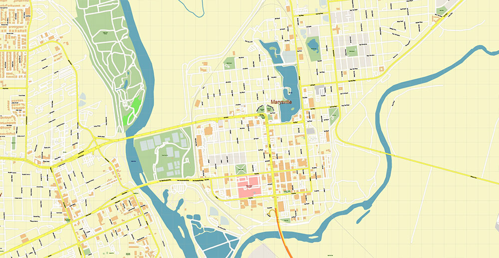 Marysville + Yuba City + Olivehurst California USA Map Vector Exact City Plan High Detailed Street Map editable Adobe Illustrator in layers