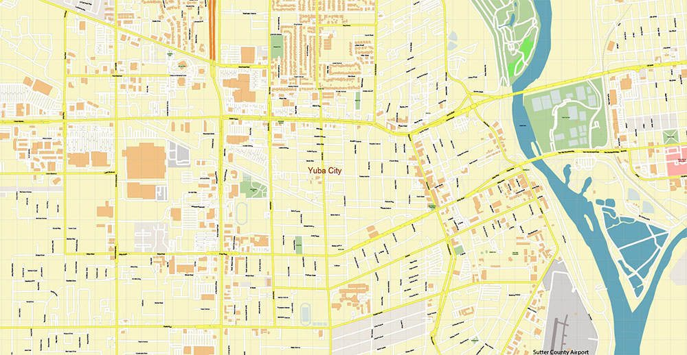 Marysville + Yuba City + Olivehurst California USA Map Vector Exact City Plan High Detailed Street Map editable Adobe Illustrator in layers