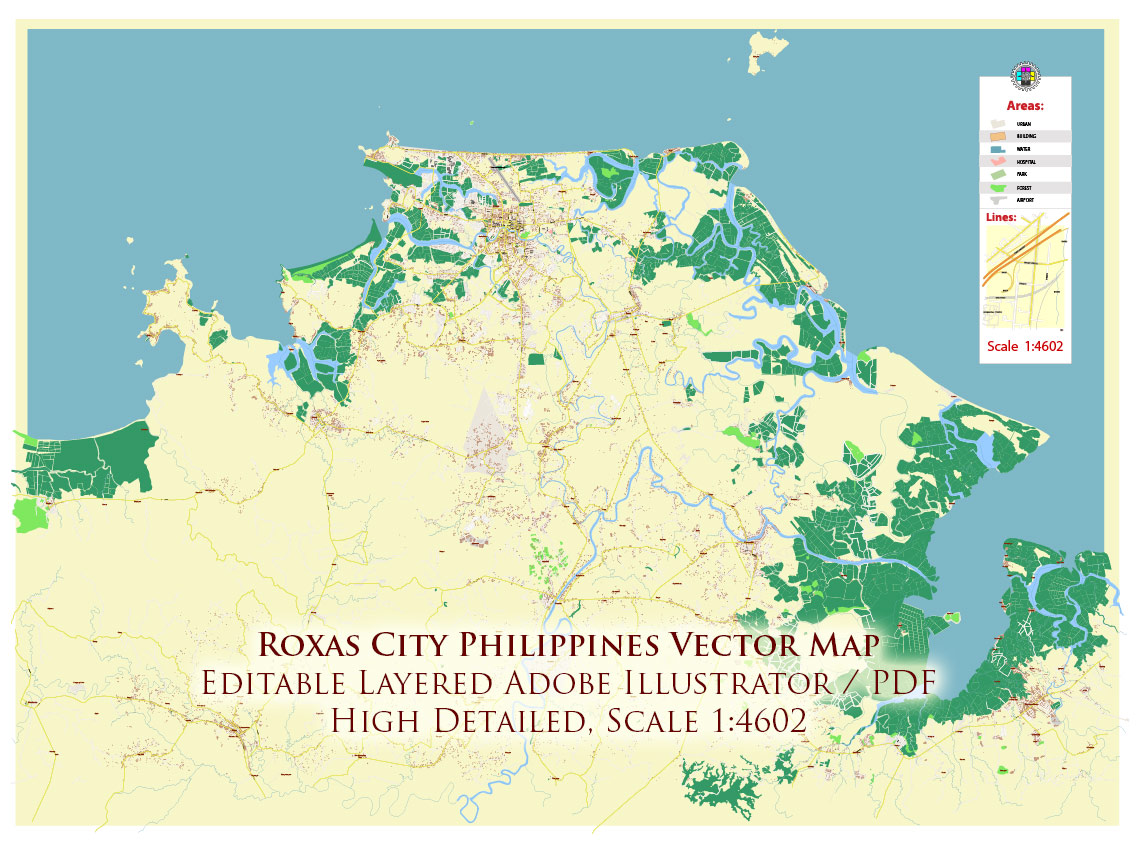 Roxas City Philippines Map Vector Exact City Plan High Detailed Street Map editable Adobe Illustrator in layers