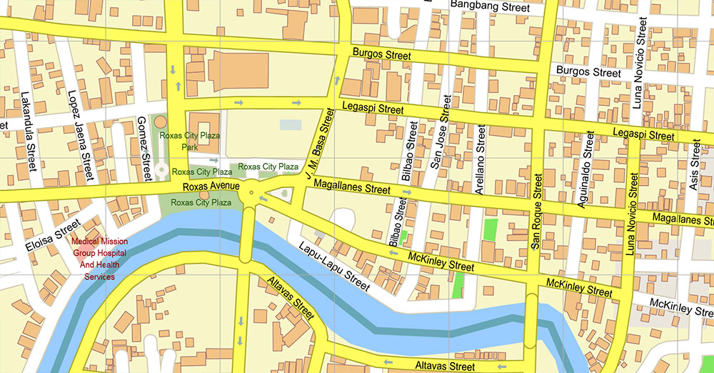 Roxas City Philippines Map Vector Exact City Plan High Detailed Street Map editable Adobe Illustrator in layers