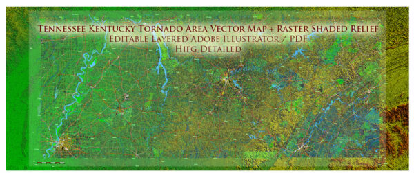 Tornado Area Vector Map: part of Kentucky and Tennessee states US high detailed road map + Shaded Relief editable Adobe Illustrator Tornado Area Vector Map: part of Kentucky and Tennessee states US high detailed road map + Shaded Relief editable Adobe Illustrator