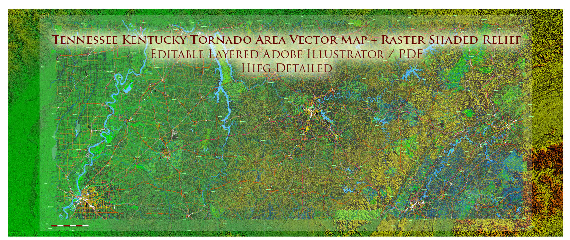 Tornado Area Vector Map: part of Kentucky and Tennessee states US high detailed road map + Shaded Relief editable Adobe Illustrator