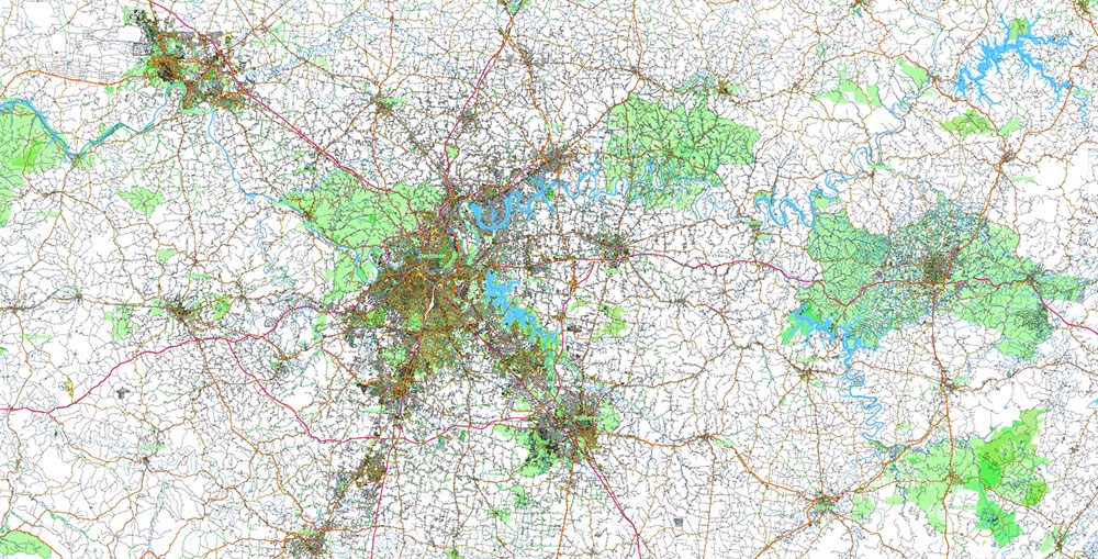 Tornado Area Vector Map: part of Kentucky and Tennessee states US high detailed road map + Shaded Relief editable Adobe Illustrator
