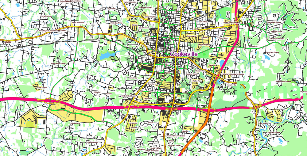 Tornado Area Vector Map: part of Kentucky and Tennessee states US high detailed road map + Shaded Relief editable Adobe Illustrator