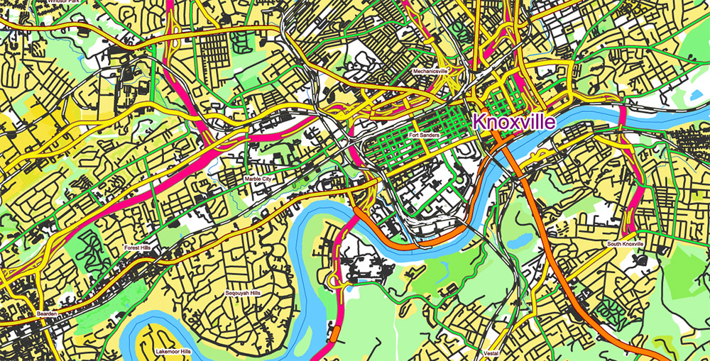 Tornado Area Vector Map: part of Kentucky and Tennessee states US high detailed road map + Shaded Relief editable Adobe Illustrator