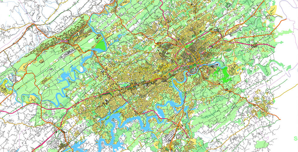 Tornado Area Vector Map: part of Kentucky and Tennessee states US high detailed road map + Shaded Relief editable Adobe Illustrator
