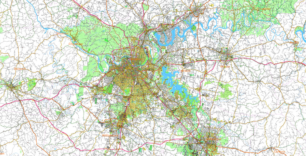 Tornado Area Vector Map: part of Kentucky and Tennessee states US high detailed road map + Shaded Relief editable Adobe Illustrator
