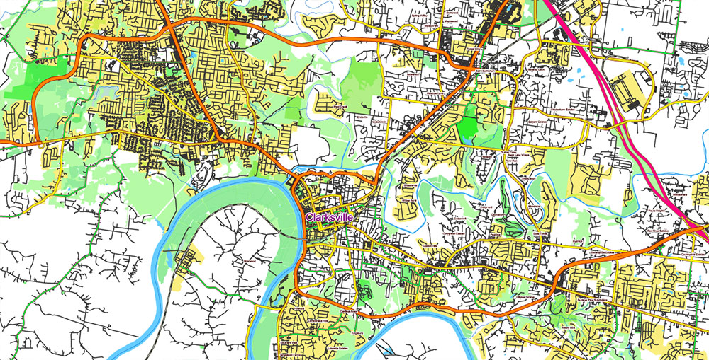 Tornado Area Vector Map: part of Kentucky and Tennessee states US high detailed road map + Shaded Relief editable Adobe Illustrator