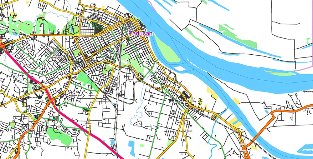 Tornado Area Vector Map: part of Kentucky and Tennessee states US high detailed road map + Shaded Relief editable Adobe Illustrator