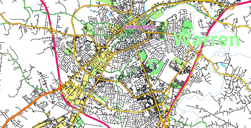 Tornado Area Vector Map: part of Kentucky and Tennessee states US high detailed road map + Shaded Relief editable Adobe Illustrator