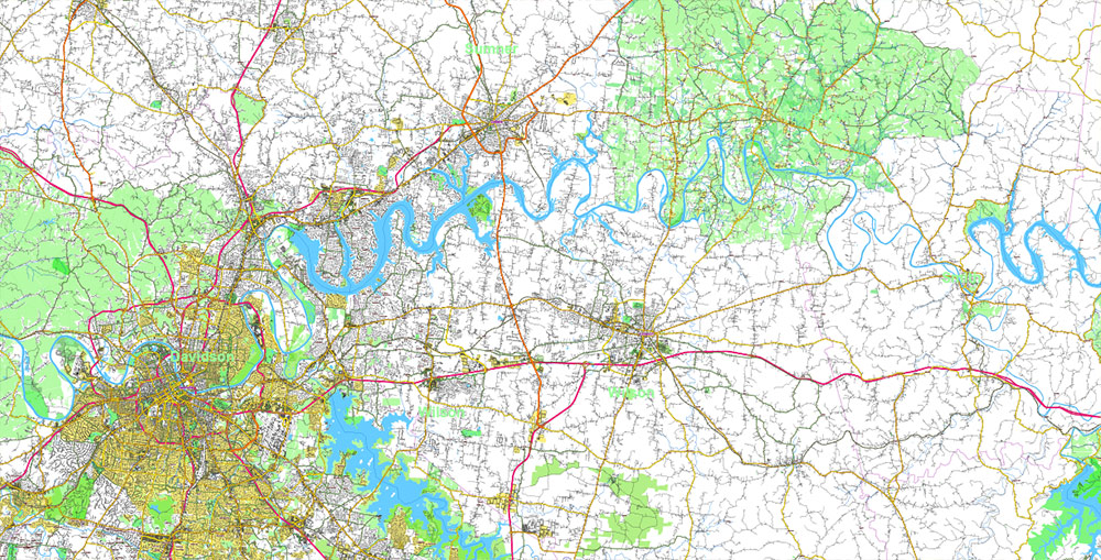 Tornado Area Vector Map: part of Kentucky and Tennessee states US high detailed road map + Shaded Relief editable Adobe Illustrator