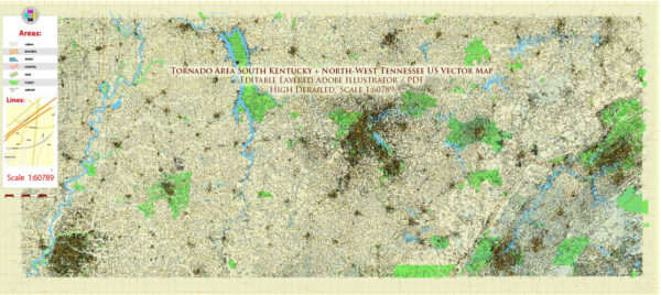 Tornado Area Vector Map: South Kentucky and Northwest Tennessee states US high detailed road map editable Adobe Illustrator