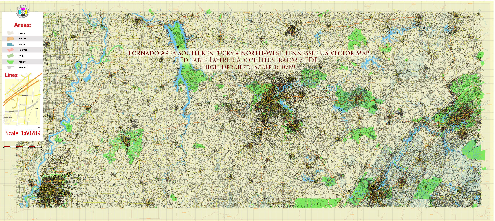 Tornado Area Vector Map: South Kentucky and Northwest Tennessee states US high detailed road map editable Adobe Illustrator