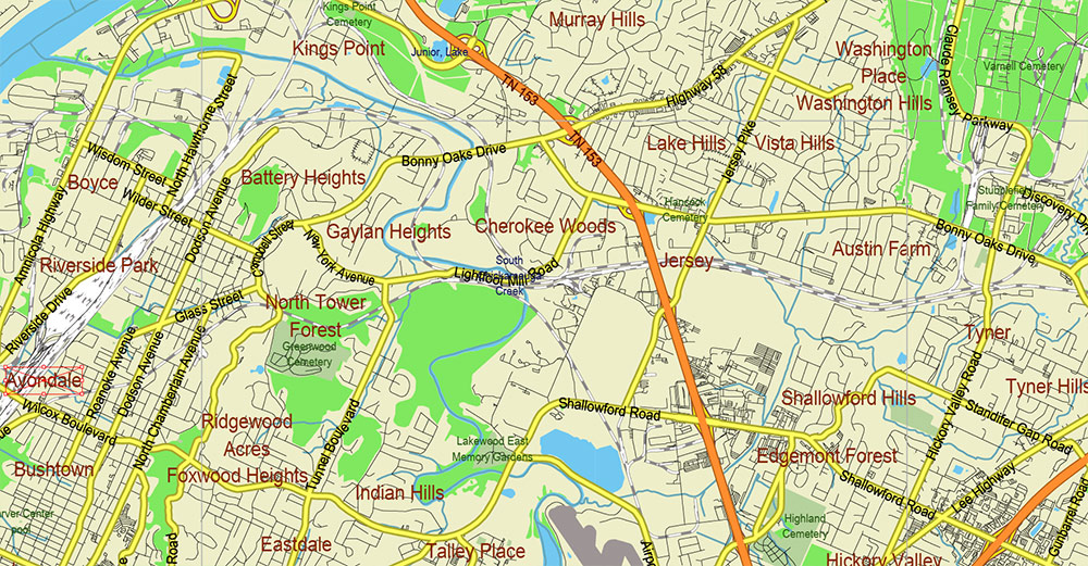 Tornado Area Vector Map: South Kentucky and Northwest Tennessee states US high detailed road map editable Adobe Illustrator