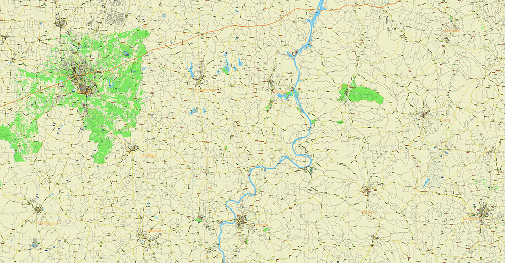 Tornado Area Vector Map: South Kentucky and Northwest Tennessee states US high detailed road map editable Adobe Illustrator