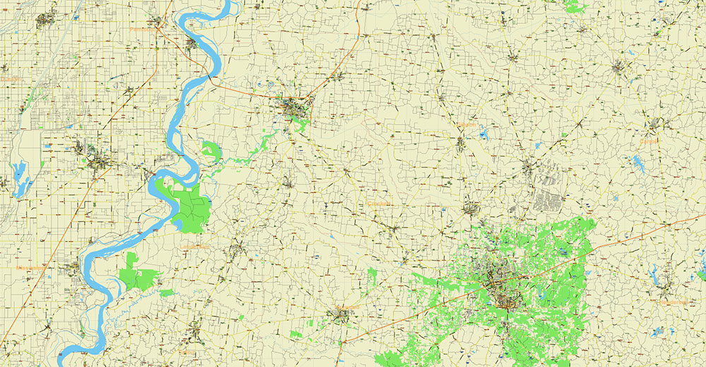 Tornado Area Vector Map: South Kentucky and Northwest Tennessee states US high detailed road map editable Adobe Illustrator