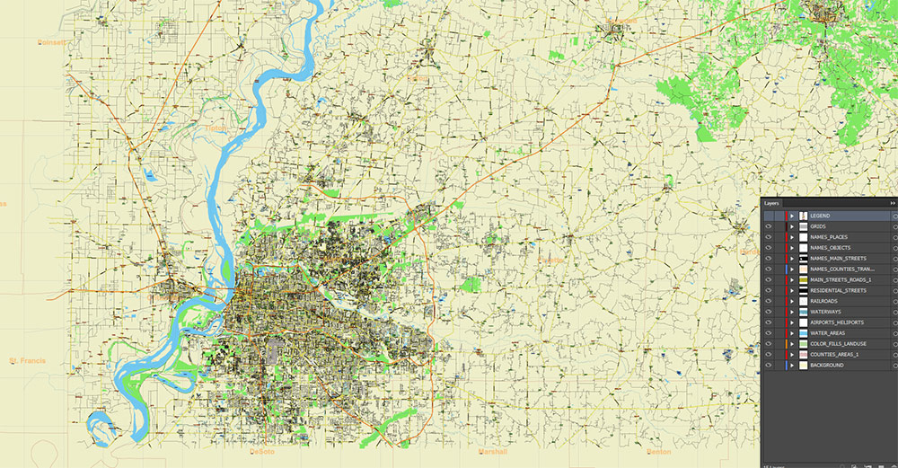 Tornado Area Vector Map: South Kentucky and Northwest Tennessee states US high detailed road map editable Adobe Illustrator