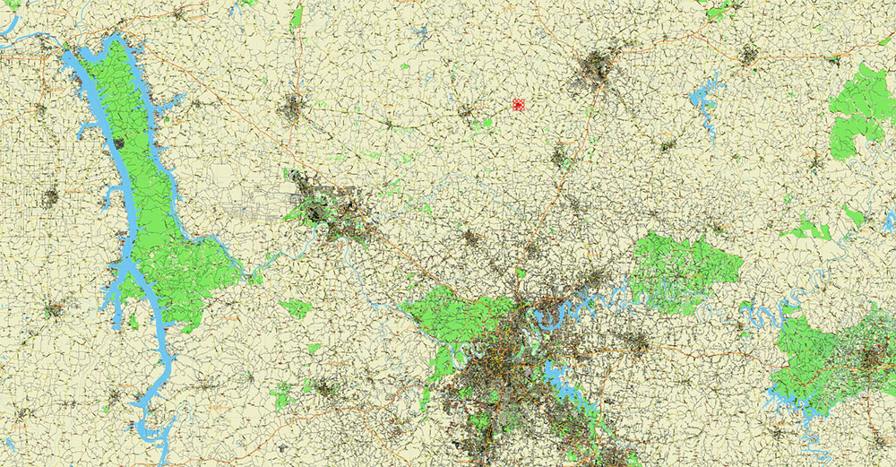 Tornado Area Vector Map: South Kentucky and Northwest Tennessee states US high detailed road map editable Adobe Illustrator