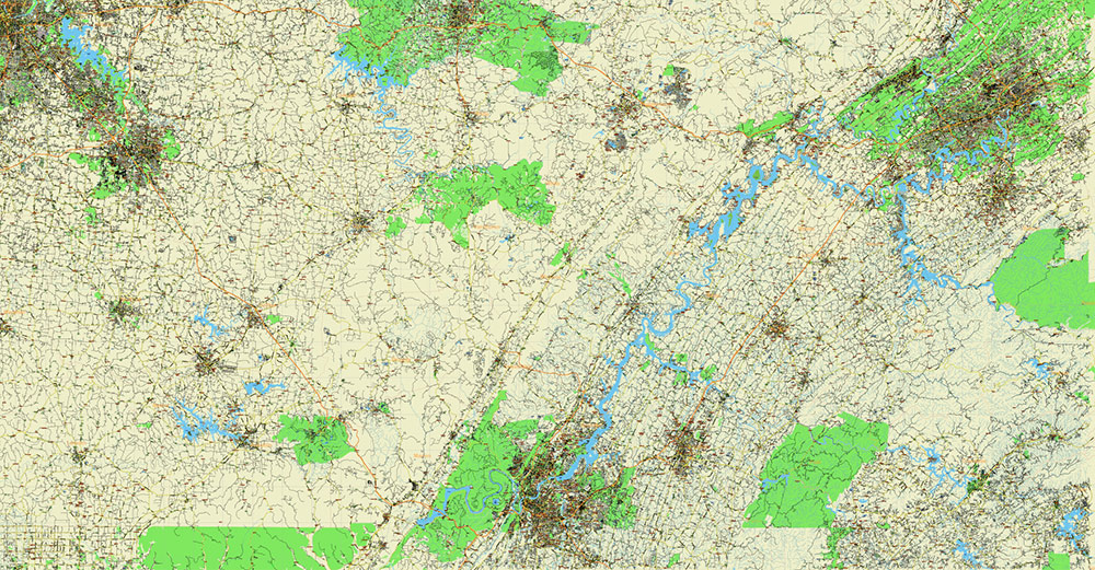 Tornado Area Vector Map: South Kentucky and Northwest Tennessee states US high detailed road map editable Adobe Illustrator
